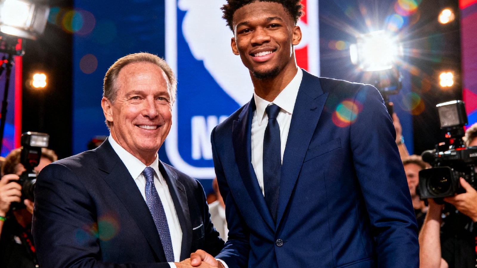 NBA选秀大会现场，新科状元秀身穿深蓝色西装与主教练握手合影，背景是巨大的联盟标志和媒体闪光灯